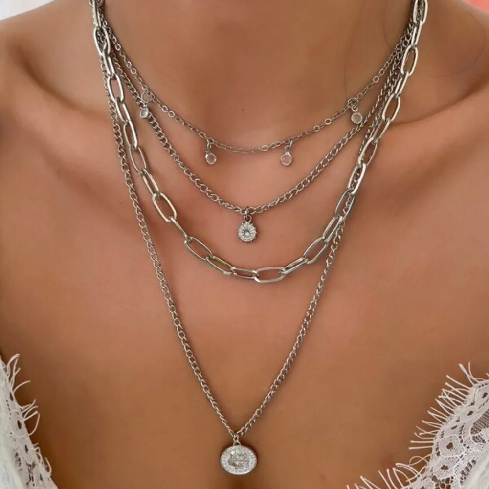 Multilayer Pendant Chain Necklace Set Boho Layered Gold Tone - Picture 5 of 8